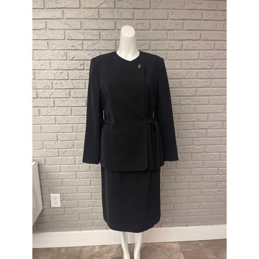 Kasper ASL Women Black Faux Wrap Blazer Skirt Set Size 10